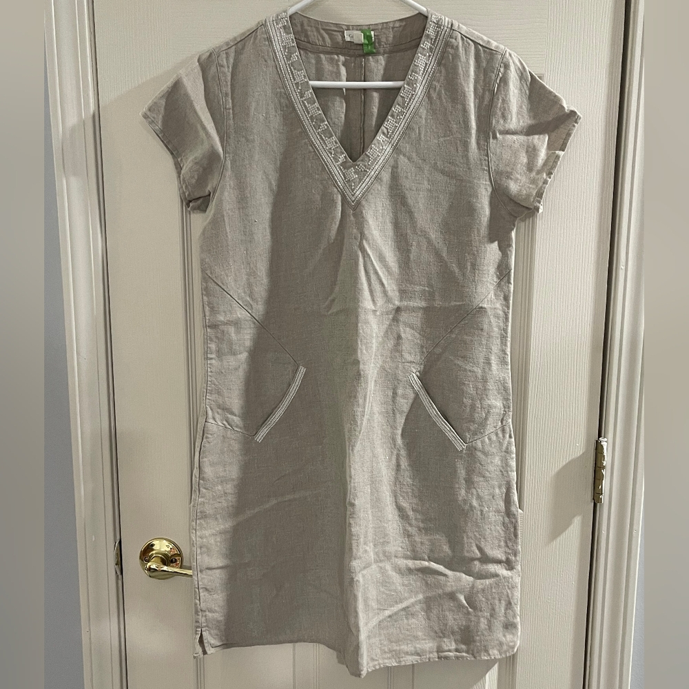 Garnet‎ Hill Womens Cream White Linen Embroidered Pocket-Detail Dress Size 8